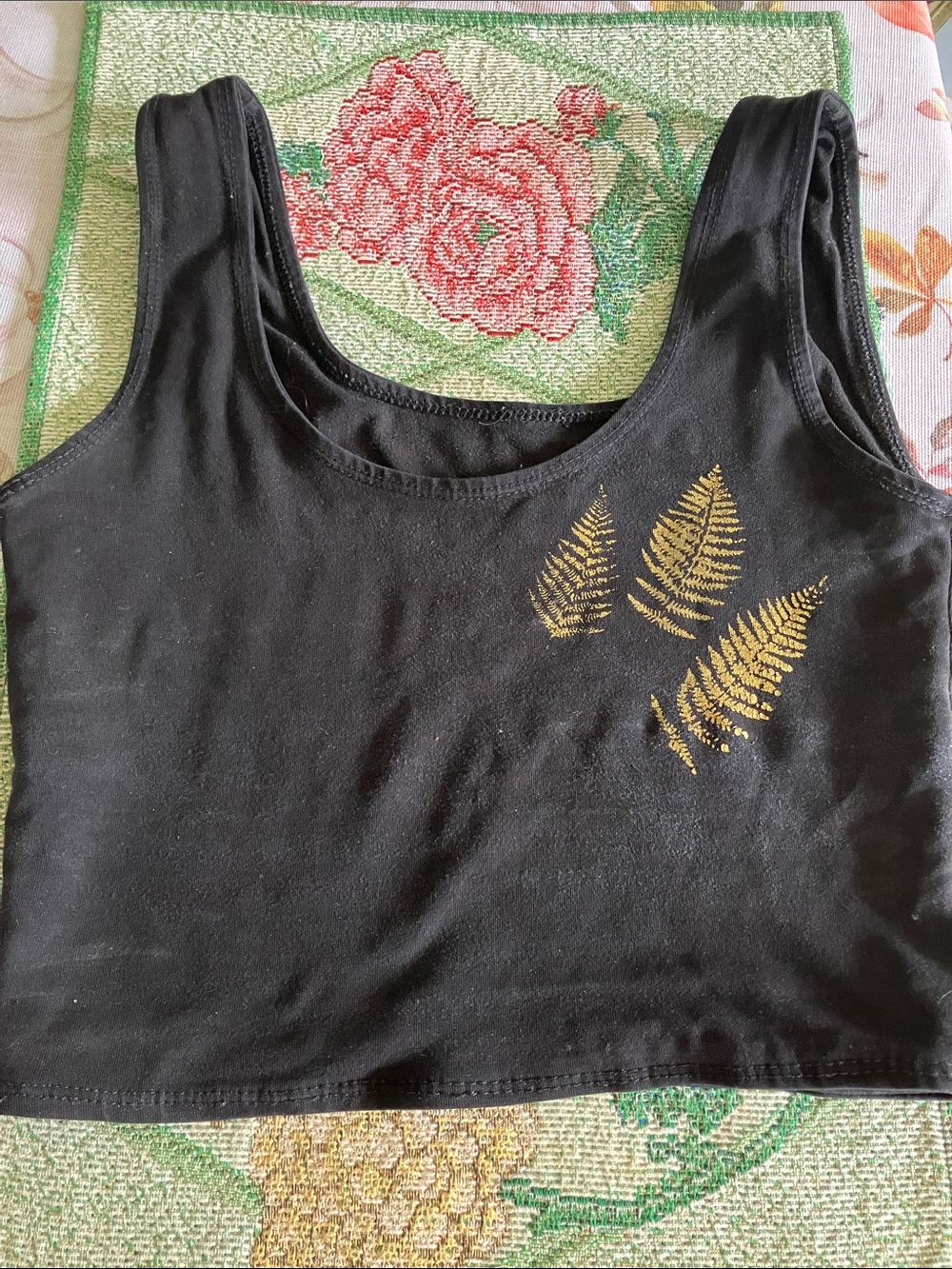 Black Crop Tank Top with Metallic Gold Fern Motif